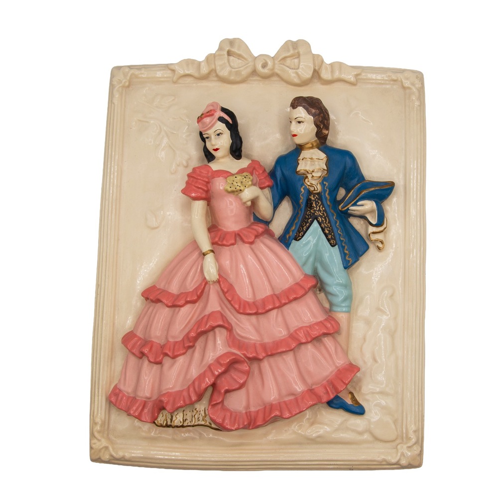 Vintage 3D Relief Wall Plaque Colonial Victorian Couple Chalkware 11x8.5